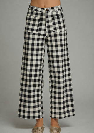 The Taylor Black Checkered Pants – black and white gingham check wide leg pants