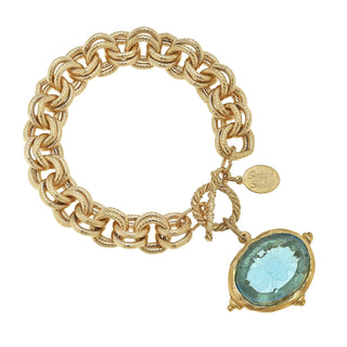 Aqua Venetian Glass Bee Intaglio on Gold Chain Bracelet 2580AQ - The Pointe Boutique