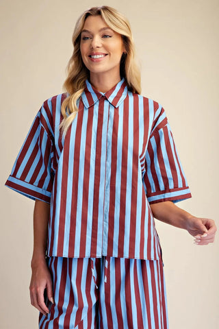 Alice Burgundy Stripe Button Down Top – burgundy and light blue stripe button-down shirt with short sleeves