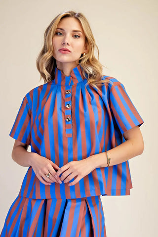 Royal Blue Stripe Top – blue and rust stripe top, ruffle mock neck, button front, short sleeves