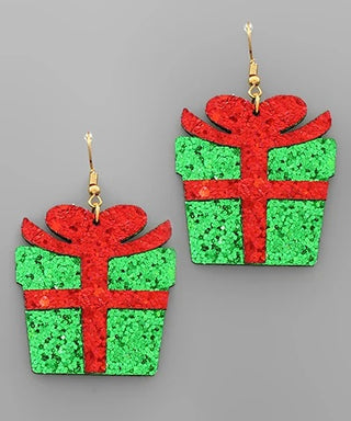 green glitter Christmas present earrings with red bows