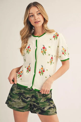 The Marlow Cardigan – cream knit cardigan with red floral embroidery, green contrast trim, short sleeves
