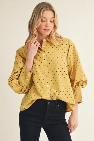 The Bristol Mustard Polka Dot Top – mustard yellow polka dot button-up blouse, collar, balloon long sleeves