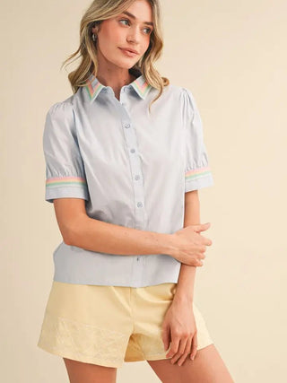 Baby Blue Button Down Top With Pastel Trim - The Pointe Boutique