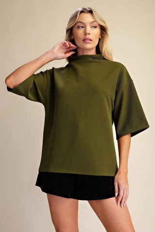 Ally Olive Pullover Top – olive mock neck pullover top with a boxy fit and elbow-length sleeves