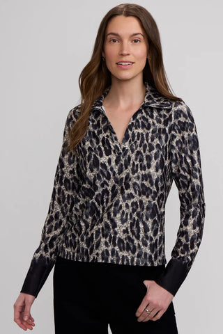 Black Talia LS knit Cheetah Polo – cheetah print long sleeve knit polo with black cuffs