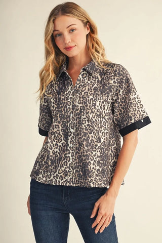 Aubree Claire Leopard Top – leopard print collared top with short sleeves and black cuffs