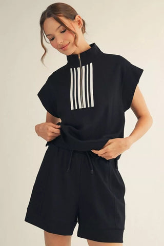 Black drop shoulder front zip up casual top with drawstring waist short set - The Pointe Boutique
