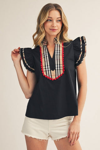 Black Plaid Contrast Accent Solid Woven Top - The Pointe Boutique