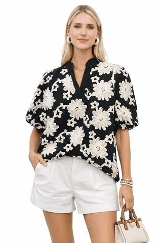 Black Short Puff Sleeve Floral Top with Standing Neckline - The Pointe Boutique
