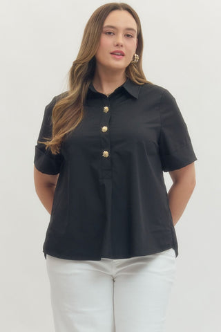 Black Short Sleeve Front Gold Decorative Button Placket Top - The Pointe Boutique