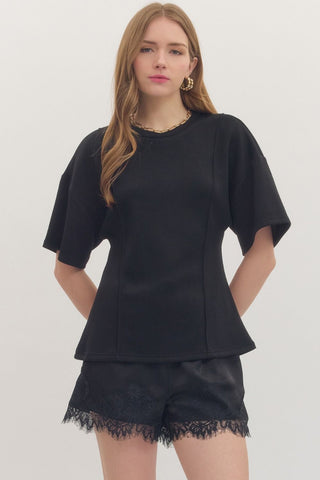 Black Short Sleeve Seam Detail Top - The Pointe Boutique