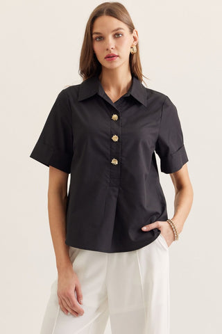 Black solid short sleeve top featuring gold decorative buttons - The Pointe Boutique