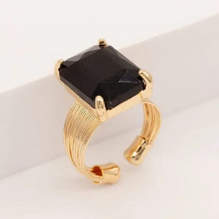 Black Square Glass Cushion Cut Cocktail Adjustable Wire Ring - The Pointe Boutique