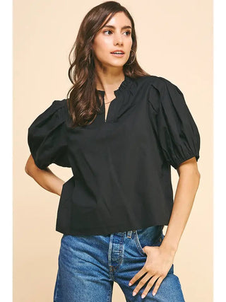 Black V - Neck Woven Top - The Pointe Boutique
