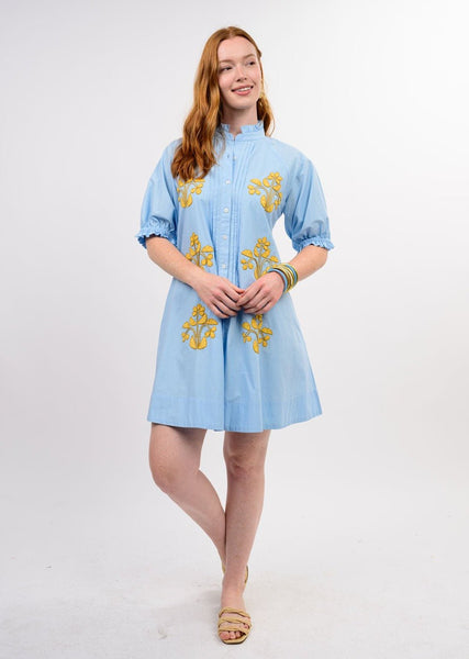 Block Embroidery Blue Dress - The Pointe Boutique