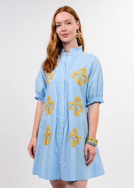 Block Embroidery Blue Dress - The Pointe Boutique