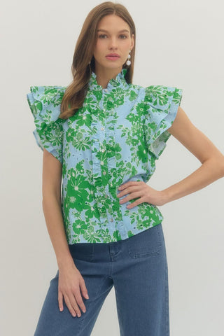 Blue Floral Ruffle Detail Short Sleeve Top - The Pointe Boutique