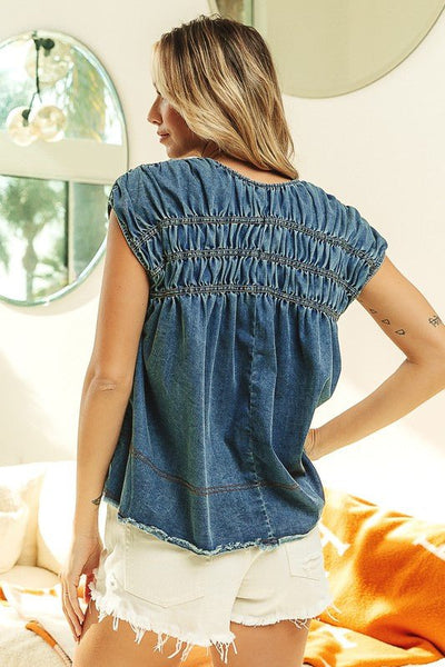 Blue Jean Vneck Short Sleeve Top - The Pointe Boutique