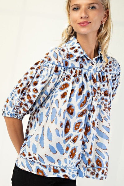 Blue Leopard Print Button Down Blouse - The Pointe Boutique