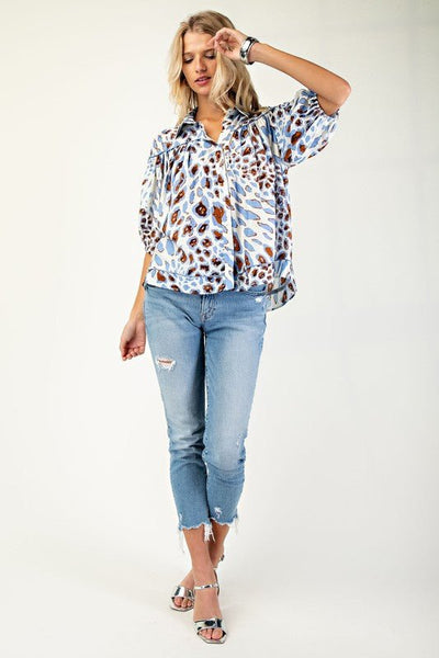 Blue Leopard Print Button Down Blouse - The Pointe Boutique