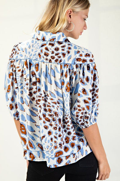 Blue Leopard Print Button Down Blouse - The Pointe Boutique