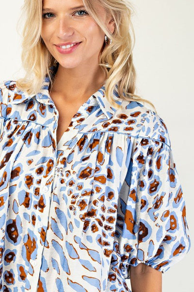 Blue Leopard Print Button Down Blouse - The Pointe Boutique