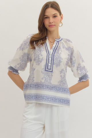 Blue printed short puff sleeve top featuring scallop accent trim v - neck - The Pointe Boutique