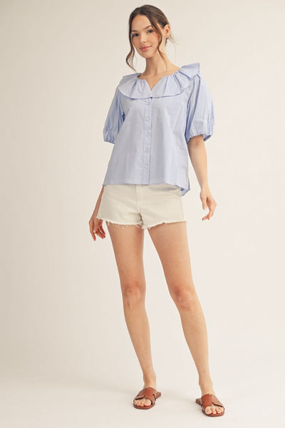 Blue Short Sleeve Button Down Peter Pan Top - The Pointe Boutique