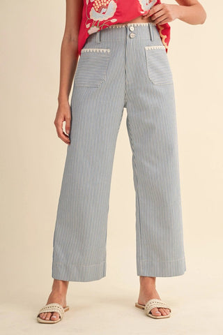Blue Stripe Cotton Twill Pants - The Pointe Boutique