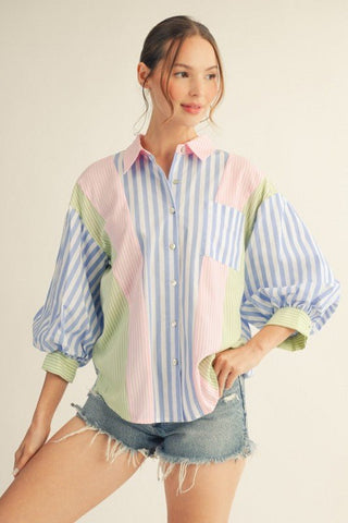 Blue/Pink stripe 3/4 cuff sleeve button down mix match top - The Pointe Boutique