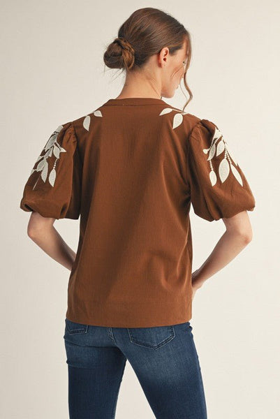 Brown with Cream Leaf Embroidery Top - The Pointe Boutique