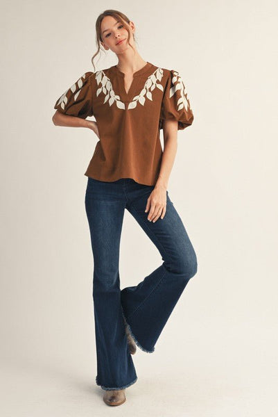 Brown with Cream Leaf Embroidery Top - The Pointe Boutique