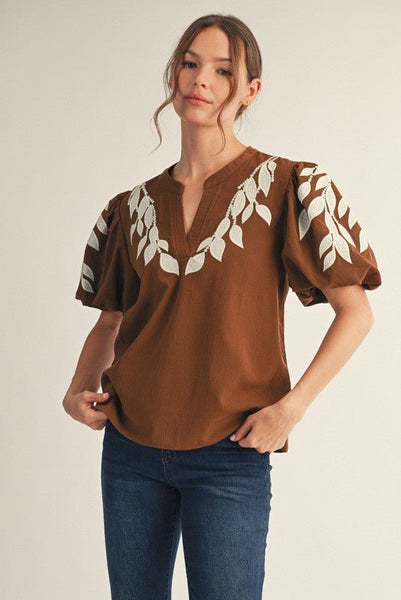 Brown with Cream Leaf Embroidery Top - The Pointe Boutique