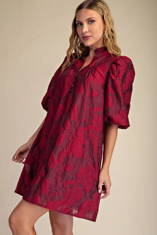 Burgundy and Red Floral Dress with Ruffled Neck and Volume Sleeve - The Pointe Boutique