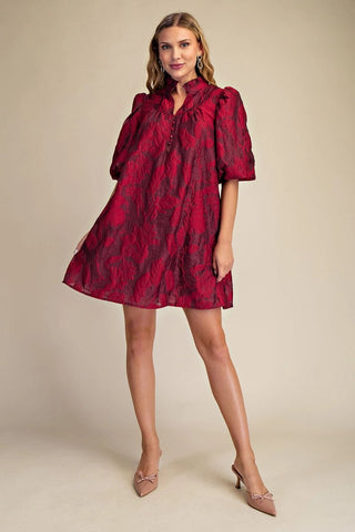 Burgundy and Red Floral Dress with Ruffled Neck and Volume Sleeve - The Pointe Boutique