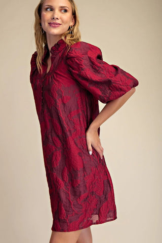 Burgundy and Red Floral Dress with Ruffled Neck and Volume Sleeve - The Pointe Boutique