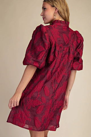 Burgundy and Red Floral Dress with Ruffled Neck and Volume Sleeve - The Pointe Boutique