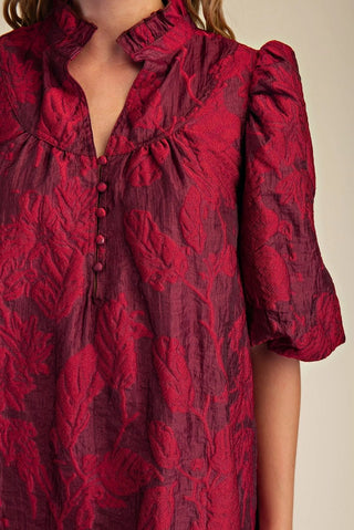 Burgundy and Red Floral Dress with Ruffled Neck and Volume Sleeve - The Pointe Boutique