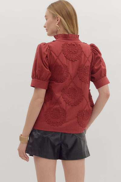 Burgundy Poplin Embroidery Blouse with Puff Sleeves - The Pointe Boutique
