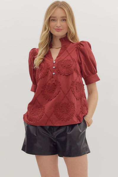 Burgundy Poplin Embroidery Blouse with Puff Sleeves - The Pointe Boutique