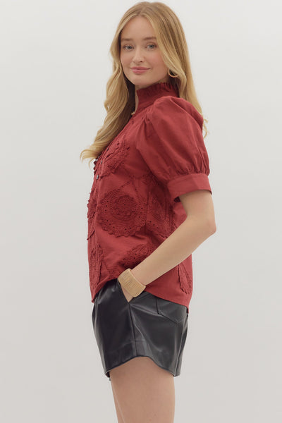 Burgundy Poplin Embroidery Blouse with Puff Sleeves - The Pointe Boutique
