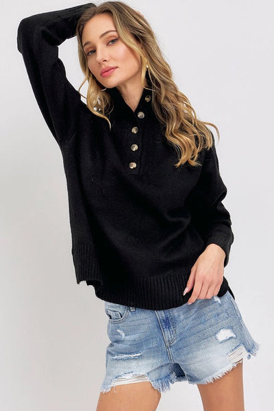 Buttoned High Collar Sweater - The Pointe Boutique