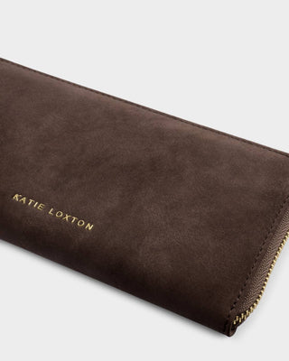 Bitter chocolate suedette large zip wallet with gold logo