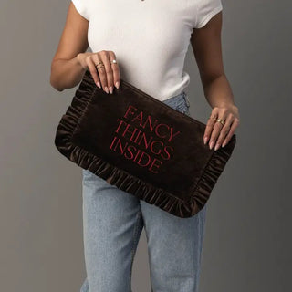 chocolate brown velvet ruffle travel pouch