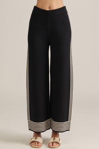 maddie solid black knit wide leg pants with striped trim