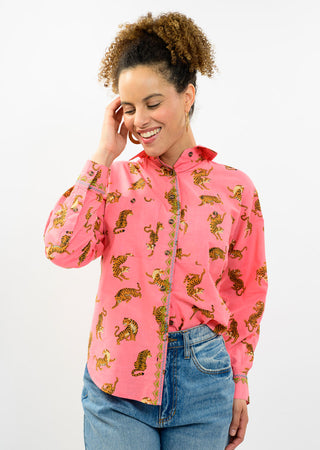 Karla Coral Tiger Camp Top – coral long sleeve camp shirt with a gold tiger print