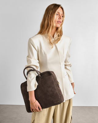City Laptop Bag-Chocolate Suedette – chocolate suedette laptop bag with top handles