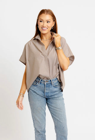 Amelia Kate Top – taupe and white pinstripe split-neck top with short sleeves