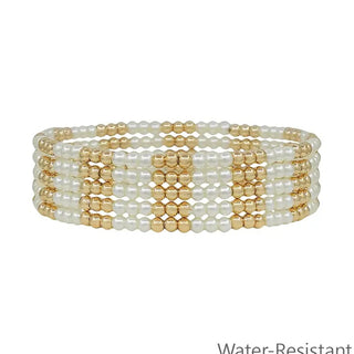 set of 5 gold and pearl 3mm beaded stretch bracelet set water resistant